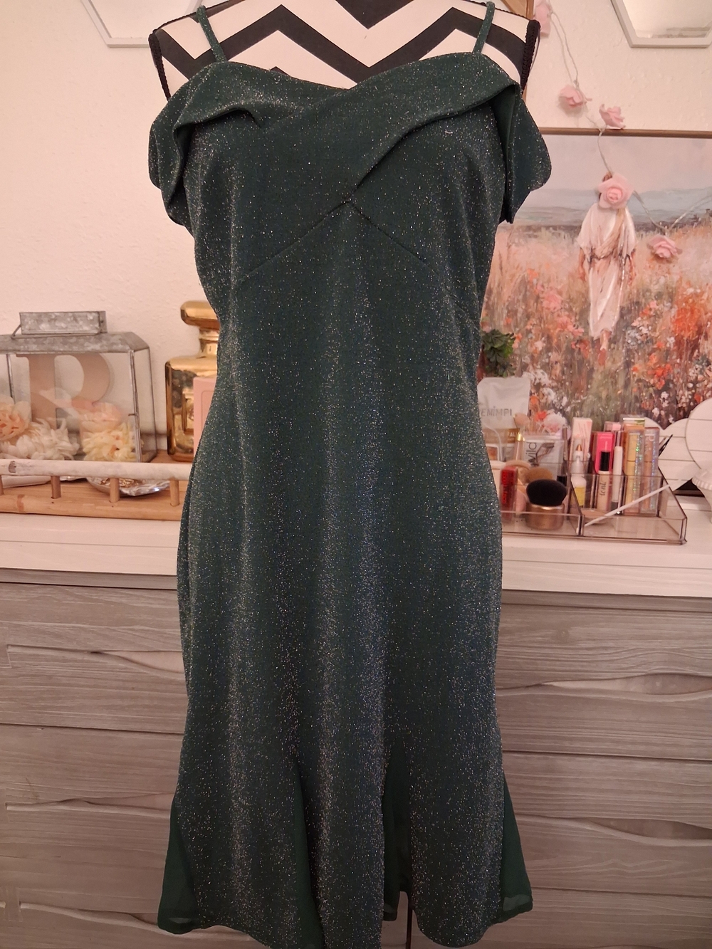 ILE New York Hunter Green Glitter Metallic Cocktail Dress Off Shoulder Size 8